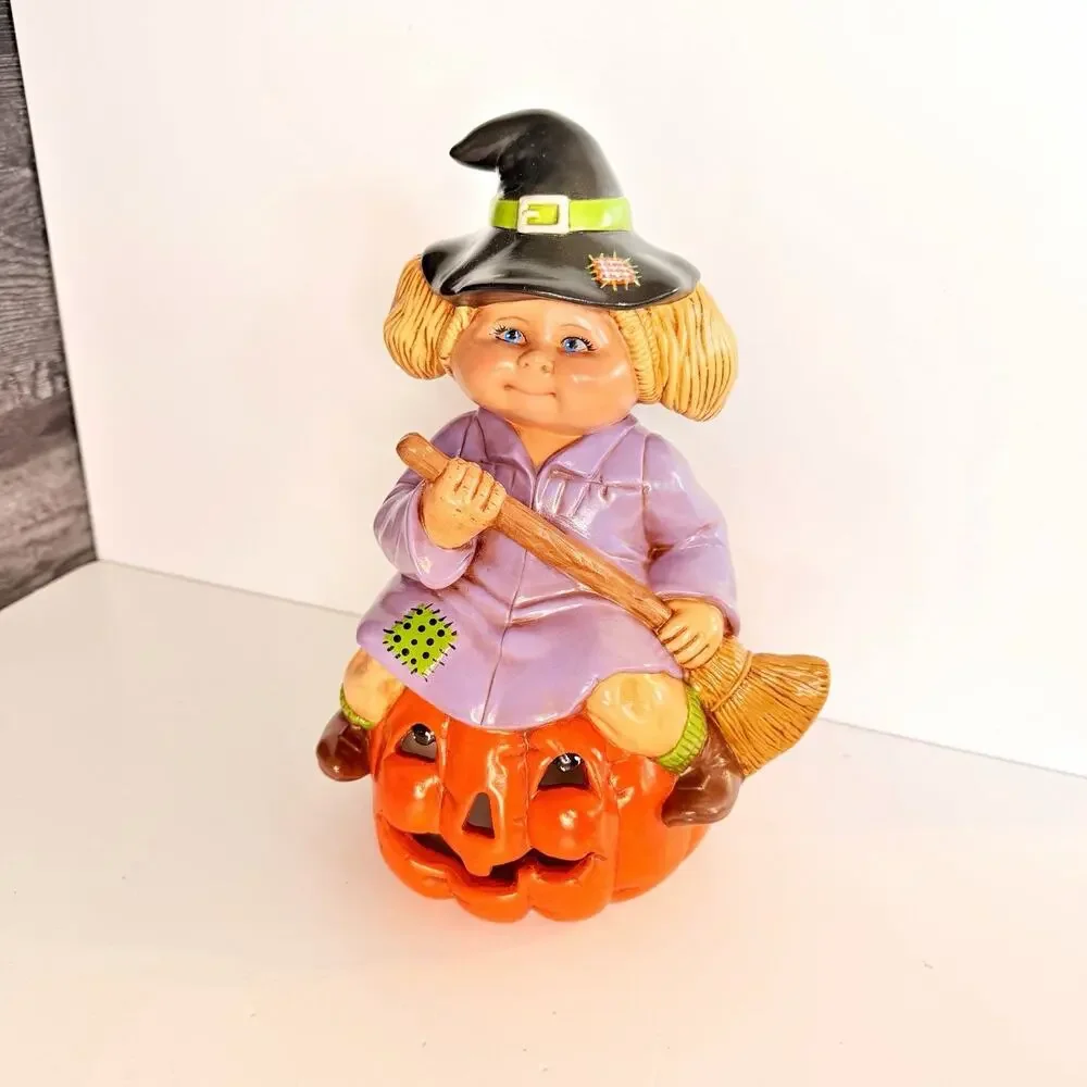 Vintage Ceramic Cabbage Patch Kids Halloween Witch Sitting on Pumpkin Figurine
